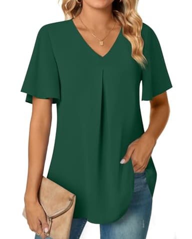 Anyally Women's Summer Dressy Chiffon Blouses V Neck Ruffle Short Sleeve Tunic Tops for Leggings Casual T-Shirts, M Dark Green - Image 2