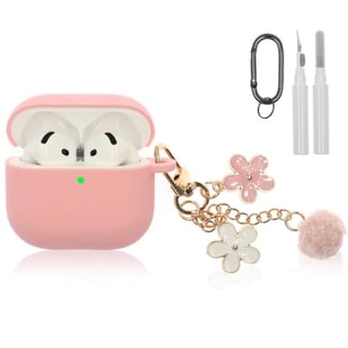 Compatible with AirPods 4 Case 2024, Premium Soft Silicone Protective Case Cover for Apple AirPods 4th Generation with Cleaner Kit, Carabiner and Keychain Accessories for Women Girls (Pink) - Image 1