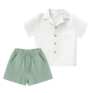 XMWEALTHY Toddler Baby Boy Summer Clothes Color Block Short Sleeve Button-down Shirt Tops Cotton Pants Outfit Set 6-12M - Image 1