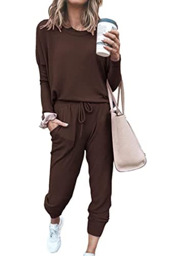 PRETTYGARDEN Women Fall 2 Piece Lounge Outfit Long Sleeve Tops High Waisted Jogger Pants Set Spring Travel Clothes Tracksuit (Brown,Medium) - Image 1