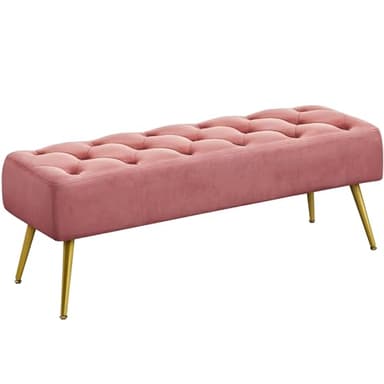 Yaheetech Modern Ottoman Bench Velvet Bench Upholstered Footrest for Living Room with Gold Metal Legs and Padded Seat Pink - Image 1