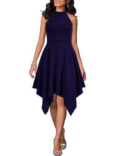 WOOSEA Women's Sleeveless Halter Neck Formal Dress Hem Asymmetrical A Line Party Cocktail Dress Navy Blue - Image 1
