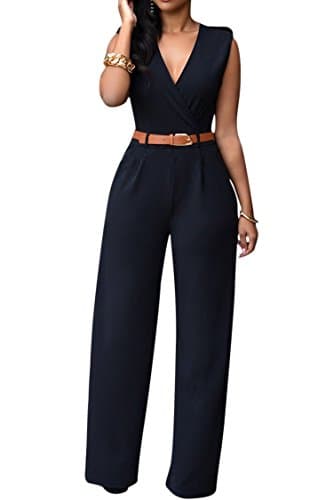 Pink Queen Women's Elegant V Neck Long Loose Belted Rompers Jumpsuits Black X-Large - Image 2