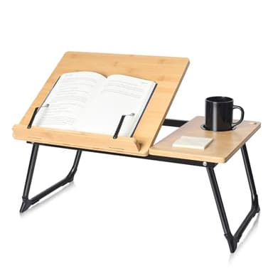 wishacc Book Stand for Reading in Bed, Bamboo Laptop Stand Adjustable Book Holder Tray with Page Paper Clips Multi Angles Adjustable Cooking Bookstands for Textbook Recipe Magazine Tablet Portable - Image 1