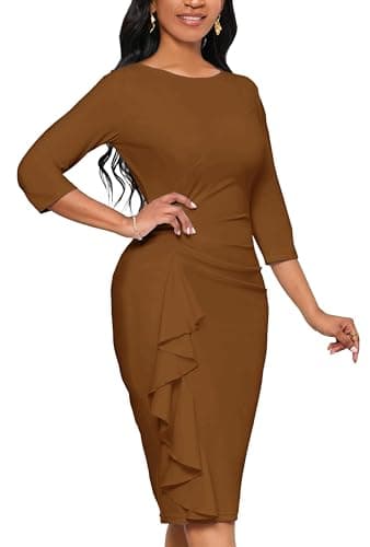 Brown Dress Sexy 3/4 Sleeve Ruched Church Simi Formal Pencil Midi Sheath Dress(Brown XXX-Large) - Image 4
