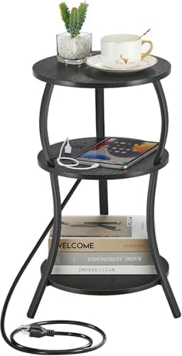 Small Round Side Table with Charging Station, 3-Tier Waist Circular End Table with Storage Shelf, Compact Tea Sofa Side Table Small Spaces, Round Corner Coffee Table for Living Room Bedroon,Black - Image 1