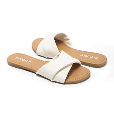 FITORY Women's Flat Sandals Fashion Slides With Soft Leather Slippers for Summer White Size 8 - Image 5