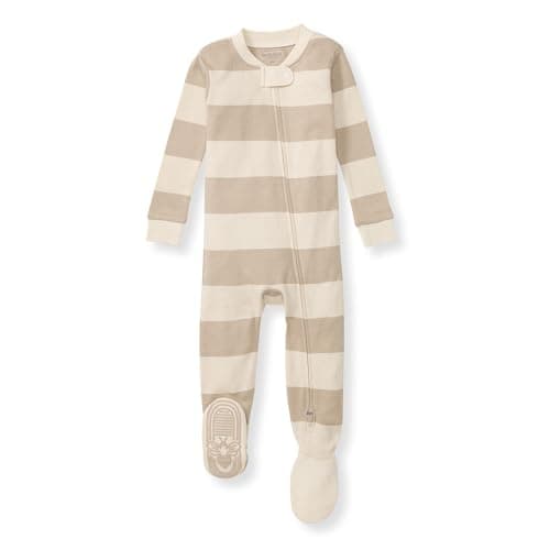 Burt's Bees Baby Baby Boy's Sleeper PJs, 100% Organic Cotton, One-Piece Footie, Zip Up Jumpsuit, Snug Fit Pajamas, Oat Rugby Stripe, 12 Months - Image 1
