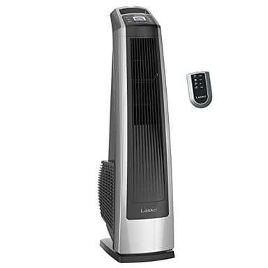 Lasko High Velocity Oscillating Tower Fan for Bedroom, Garage, Basement, and Gym with Remote Control, Timer, 3 Powerful Speeds, 35" Silver/Black, U35115 - Image 1