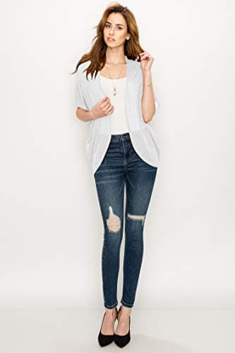 LL WSK1528 Womens Lightweight Short Sleeve Open-Front Casual Batwing Cardigan Loose Cover up L White - Image 5