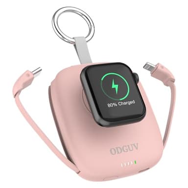 Small Portable Charger 5000mAh,iWatch Wireless Charger Mini Power Bank with Built-in Cable,Travel Keychain Charger for Apple Watch 11/10/9/8/Ultra/7/6/Se/5/4,iPhone 17/16/15/14/13/12,Android Phone - Image 1