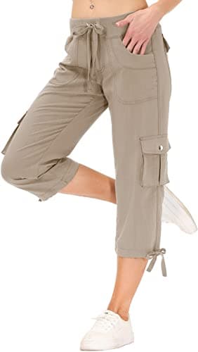 MoFiz Women's Hiking Cargo Shorts Quick Dry Lightweight Athletic Capri Pants for Camping Jogger with Pockets Khaki - Image 2