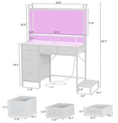 Korfile Computer Desk with Hutch, White Gaming Desk with Power Outlets & LED Ligthts & 5 Fabric Drawers, Home Office Desk with 2 Tiers Storage Shelves for Display (White Oak, 39 Inch) - Image 2