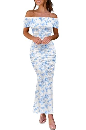 LUXVEER Women's Mesh Floral Dress 2025 Summer Off Shoulder Ruched Bodycon Long Maxi Fitted Night Out Wedding Guestes Dresses Blue - Image 2