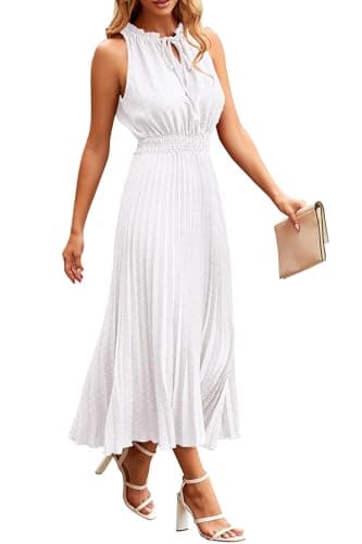 PRETTYGARDEN Women's Midi Summer Dresses Casual V Neck Swiss Dot Ruffle Sleeveless A Line Beach Sun Dress (White,Small) - Image 1