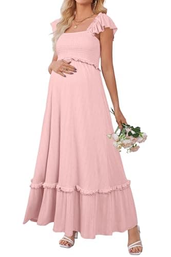 OUGES Womens 2025 Summer Maternity Baby Shower Dress Casual Boho Maxi Smocked Maternity Photoshoot Dresses Ruffle Sleeve Square Neck Gender Reveal Long Dress Pregnancy Must Have Clothes (Pink,L) - Image 1