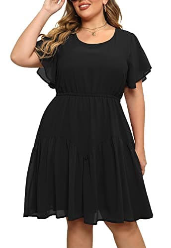Nemidor Plus Size Summer Dresses for Curvy Women Casual Boho Midi Chiffon Print Floral Dress with Ruffle Sleeve 14-26(297,18,Black) - Image 1