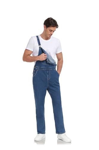 UMESOUL Men's Denim Bib Overalls Loose Fit Stretchy Fashion Jean Jumpsuit, Blue, 34 - Image 2