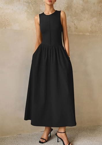 PRETTYGARDEN Maxi Dresses for Women 2025 Summer Casual Sleeveless Patchwork Flowy Vacation Sundress Knit Long Work Tank Dress(Black,Large) - Image 4