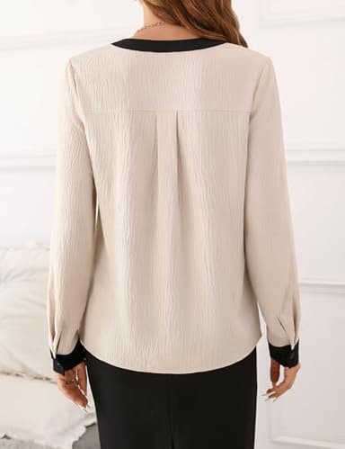 Fayenne Womens Long Sleeve Tops Dressy Casual V Neck Color Block Business Casual Outfits Work Blouses Office Shirts Apricot - Image 4