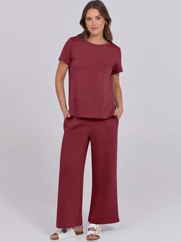 ANRABESS Women 2 Piece Lounge Sets Summer Travel Sweat Outfits Short Sleeve Wide Leg Casual Matching Tracksuits Clothes Wine Red Large - Image 2