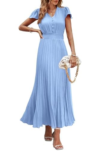PRETTYGARDEN Women's Summer Maxi Dresses 2025 Trendy Casual Button V Neck Ruffle Cap Sleeve Long Flowy Pleated Dress (Light Blue,Small) - Image 1