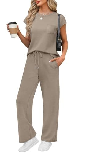 WIHOLL Airport Outfits for Women 2025 Summer Two Piece Sets Trendy Womens Loungewear Lounge Set Cozy Casual Beach Vacation Outfits Cruise High Waist Pants Clothing Going Out Jogger Sets Coffee L - Image 1