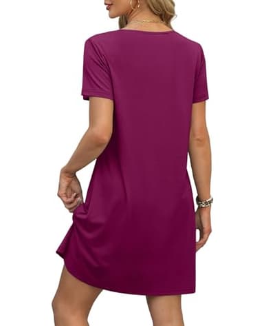 OFEEFAN Valentine's Dress for Women Summer Dresses for Women 2025 Casual V Neck Swing Short Sleeve T Shirts Dress Sundresses with Pockets A Burgundy XL - Image 4
