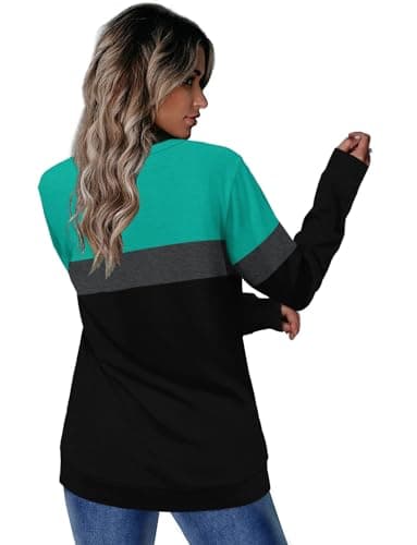 CRAZY GRID Womens Long Sleeve Shirts Casual Vneck Color Block Fall Top Ladies Soft Trendy Loose Fits Sweatshirt Lightweight Plus Size Oversized 2XL Turquoise Black - Image 4