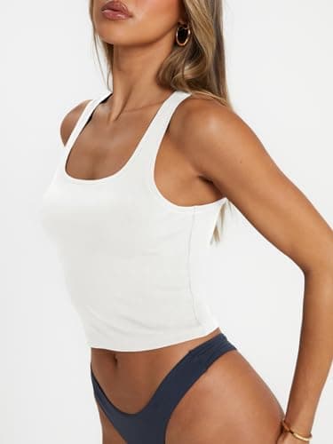 Trendy Queen Women's Summer Square Neck Tank Tops Workout Cropped Ribbed Summer Camisole Sleeveless Clothes 2025 White L - Image 4