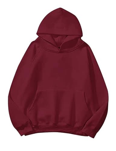 Lauweion Women Solid Basic Fleece Letter Loose Hoodie Sweatshirt Long Sleeve Kangaroo Pocket Drop Shoulder Pullovers Top Burgundy - Image 1