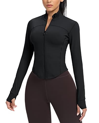 AVGO Women's Cropped Running Workout Jackets Zip Slim Fit Athletic Tops with Thumb Holes(Black, M) - Image 1