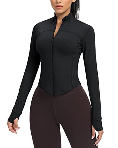 AVGO Women's Cropped Running Workout Jackets Zip Slim Fit Athletic Tops with Thumb Holes(Black, M) - Image 1