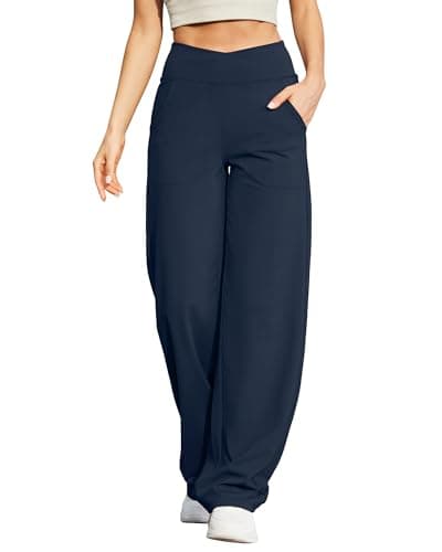 G4Free Women's Wide Leg Pants Yoga Dress Pants with Pockets Comfy Loose Workout Casual Lounge Pants(Dark Navy,M,27") - Image 1