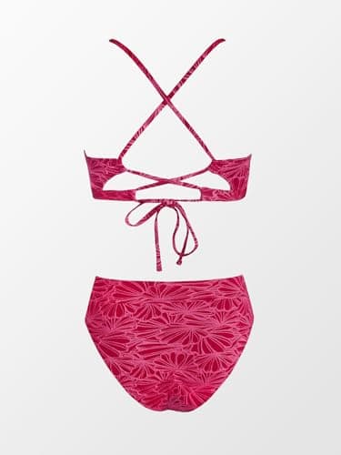 CUPSHE Bikini Sets for Women Bathing Suit High Waisted Scalloped V Neck Two Pieces Swimsuit,M Fuchsia Red - Image 5