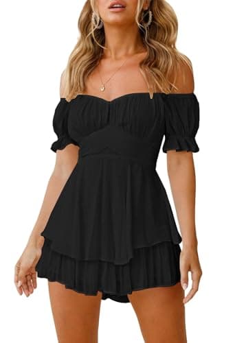 Fixmatti Women Summer Casual Slash Neck Short Sleeve Belted Chiffon One Piece Romper Shorts Black L - Image 1