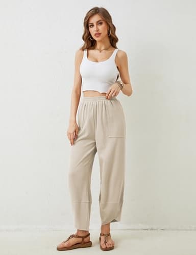 Himosyber Women Cotton Pants Wide Leg Pants Casual Loose Baggy Elastic Waist Beach Palazzo Harem Pants (Beige-L) - Image 3