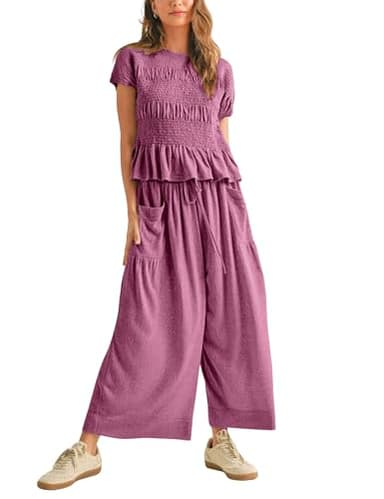 Antnation Womens 2 Piece Smocked Top Wide-Leg Pants Set High-Waisted Lounge Outfit with Pockets Casual Boho Matching Set(Purple-S) - Image 3