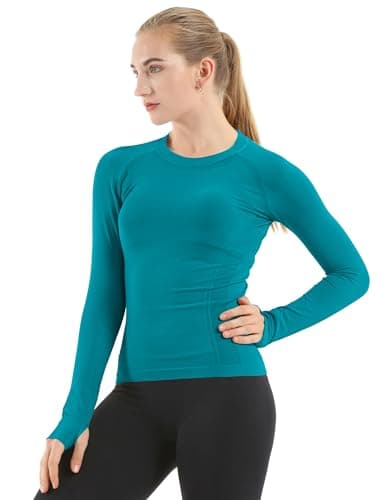 MathCat Seamless Workout Shirts for Women Long Sleeve Yoga Tops Sports Running Shirt Breathable Athletic Top Slim Fit Peacock Green - Image 1