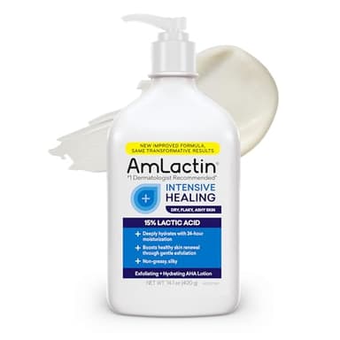 AmLactin Intensive Healing Body Lotion for Dry Skin, 14.1 oz Pump Bottle, 2-in-1 Exfoliator & Moisturizer with Ceramides & 15% Lactic Acid for Relief from Dry Skin (Packaging May Vary) - Image 1