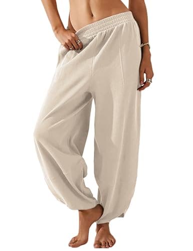 Himosyber Women Cotton Pants Wide Leg Pants Casual Loose Baggy Elastic Waist Beach Palazzo Harem Pants (Beige-L) - Image 1