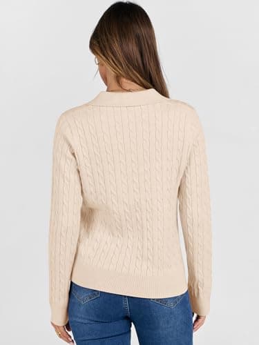 ANRABESS Womens Cable Knit Sweaters Long Sleeve V Neck Sweater Tops Casual Pullover Polo Shirts 2025 Fall Fashion Outfits Parchment Beige L - Image 4