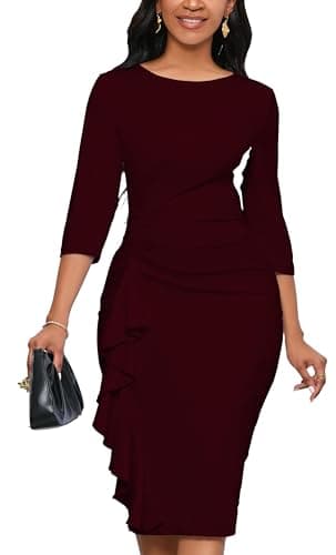 Yajedo Womens Bodycon Cocktail Ruffle 3/4 Sleeve Work Business Knee Length Sheath Dress(Burgundy X-Large) - Image 3