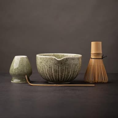 TANG PIN Matcha Set - Match Bowl with Spout and Whisk, 15 OZ, Matcha Scoop | Matcha Whisk Stand (Chasen Holder) - 4pc Perfect Matcha Kit for Matcha Tea Ceremony (Mottled Green) - Image 1