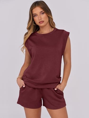 ANRABESS Two Piece Sets for Women 2025 Summer Short Lounge Set Casual Beach Vacation Outfits Spring Sweatsuits Tracksuit Burgundy Medium - Image 3