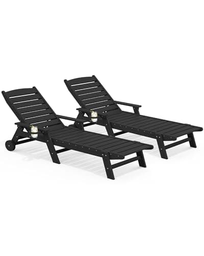 SERWALL Patio Chaise Lounge Chair Set of 2, 78'' Long 5-Positions Adjustable HDPE Outdoor Lounge Chair with Rolling Wheels & Cup Holder for Poolside, Deck, Obsidian Black - Image 1