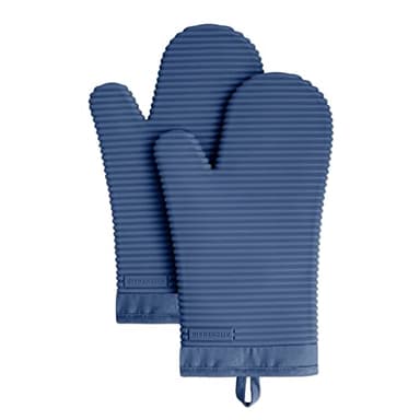 KitchenAid Ribbed Soft Silicone Oven Mitt Set, Blue Willow 2 Count , 7.5"x13" - Image 1
