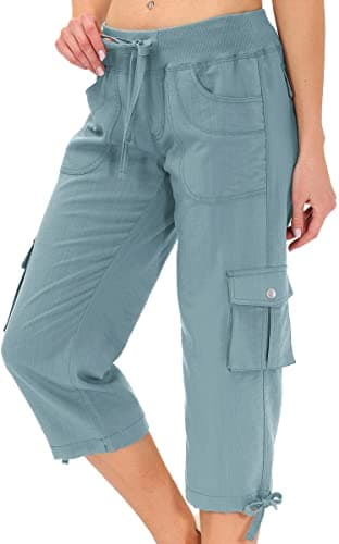 MoFiz Womens Capris with Pockets Loose Fit Casual Capri Pants Dressy Lightweight Ladies Baggy Cargo Pants for Hiking Grey Blue - Image 1