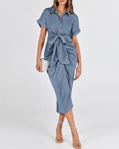 BTFBM Women Button Down Ruched Shirt Dresses Satin Short Sleeve Lapel V Neck Summer Maxi Dress 2025 Party Wedding Guest(Grey Blue, Small) - Image 5