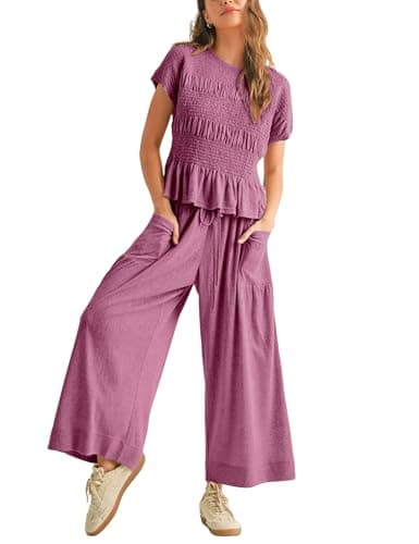 Antnation Womens 2 Piece Smocked Top Wide-Leg Pants Set High-Waisted Lounge Outfit with Pockets Casual Boho Matching Set(Purple-S) - Image 1